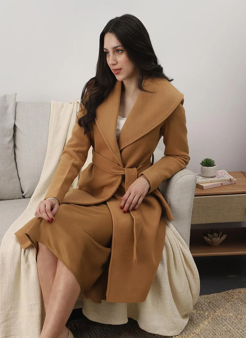 globus Globus Women Beige Shawl Collar Long Sleeves Self Design Winter Wear Overcoat with Belt